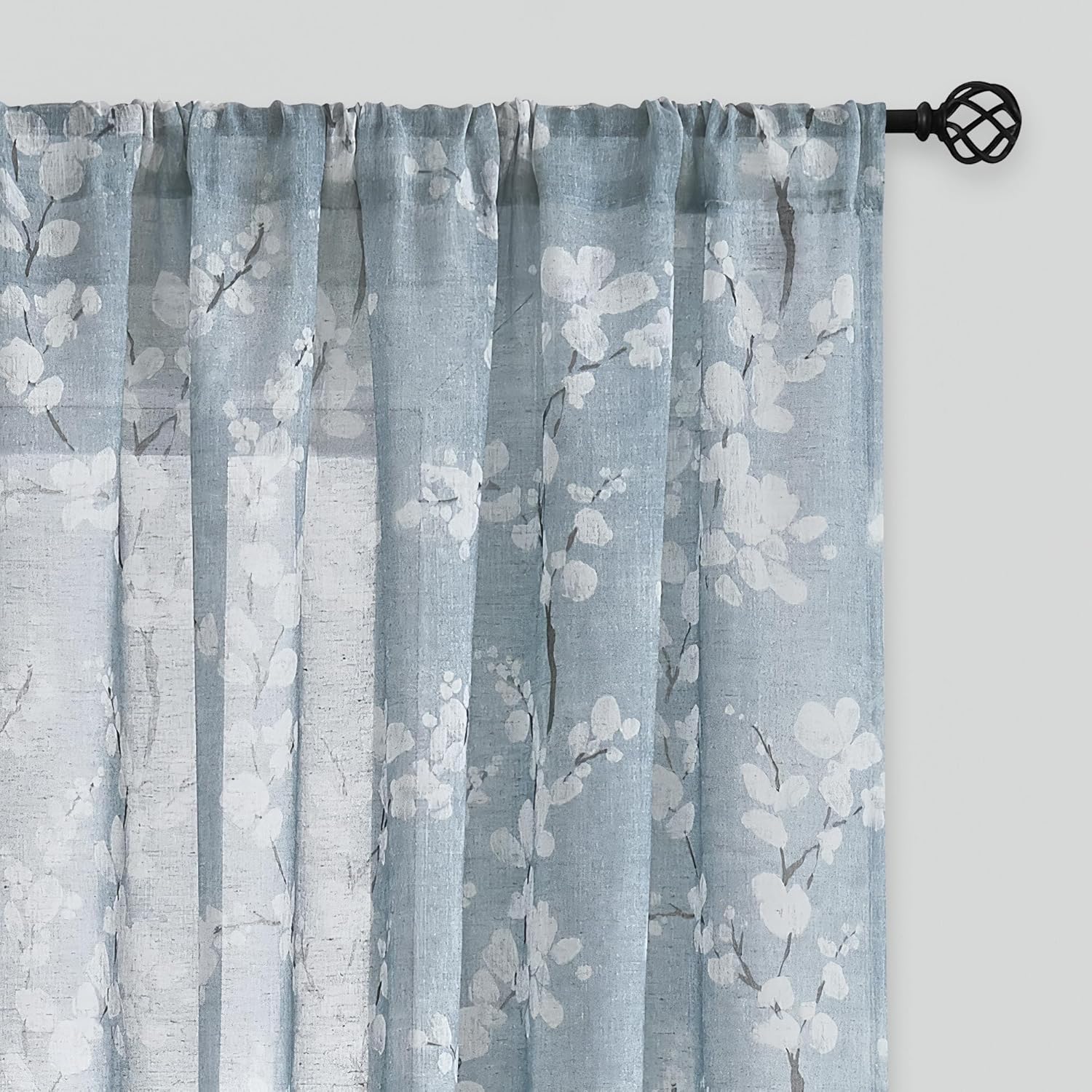 Flax Linen Sheer Curtains with Blossom Print 2 Panels