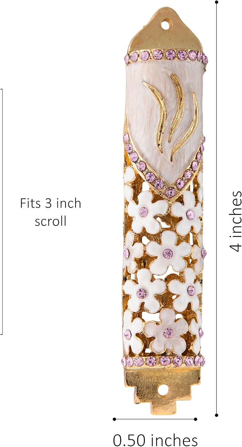 Matashi 425 Inch Hand Painted Mezuzah with Scroll and Floral Design