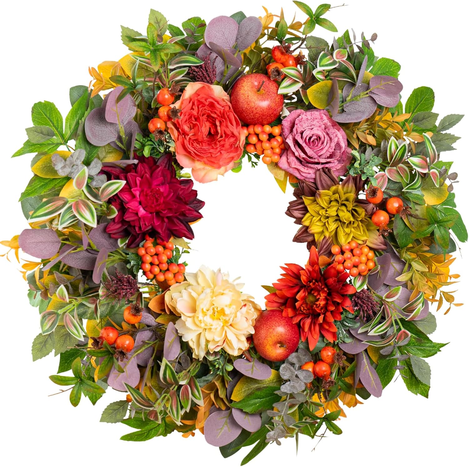 Fall Wreath with Flowers Apples Berries Leaves for Front Door