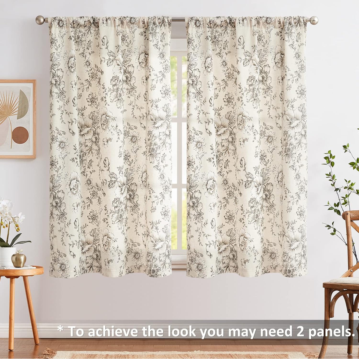 Jinchan Tie Up Valance Floral Linen 54 Inch Peonies Window Treatment