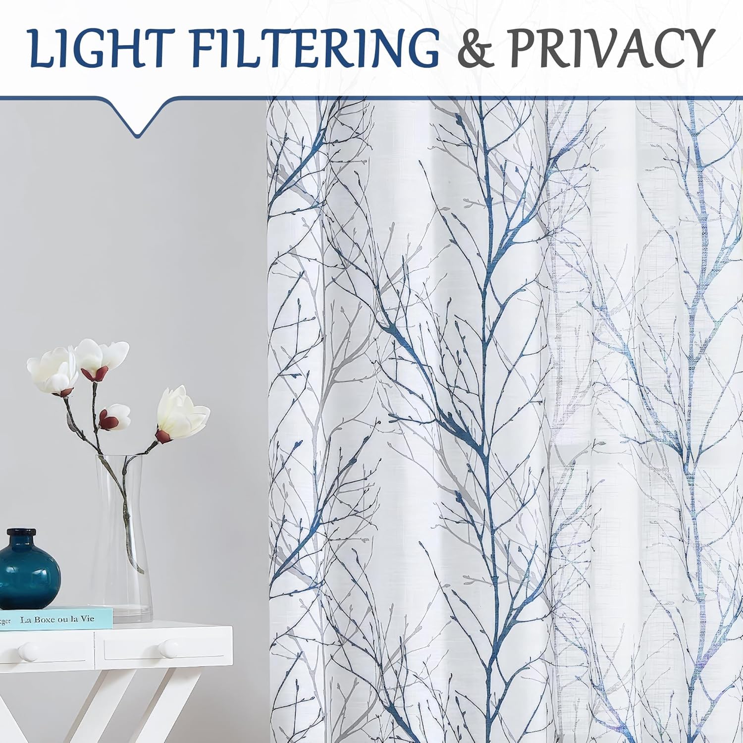 Linen Semi Sheer Curtains with Grommet Top 2 Panels