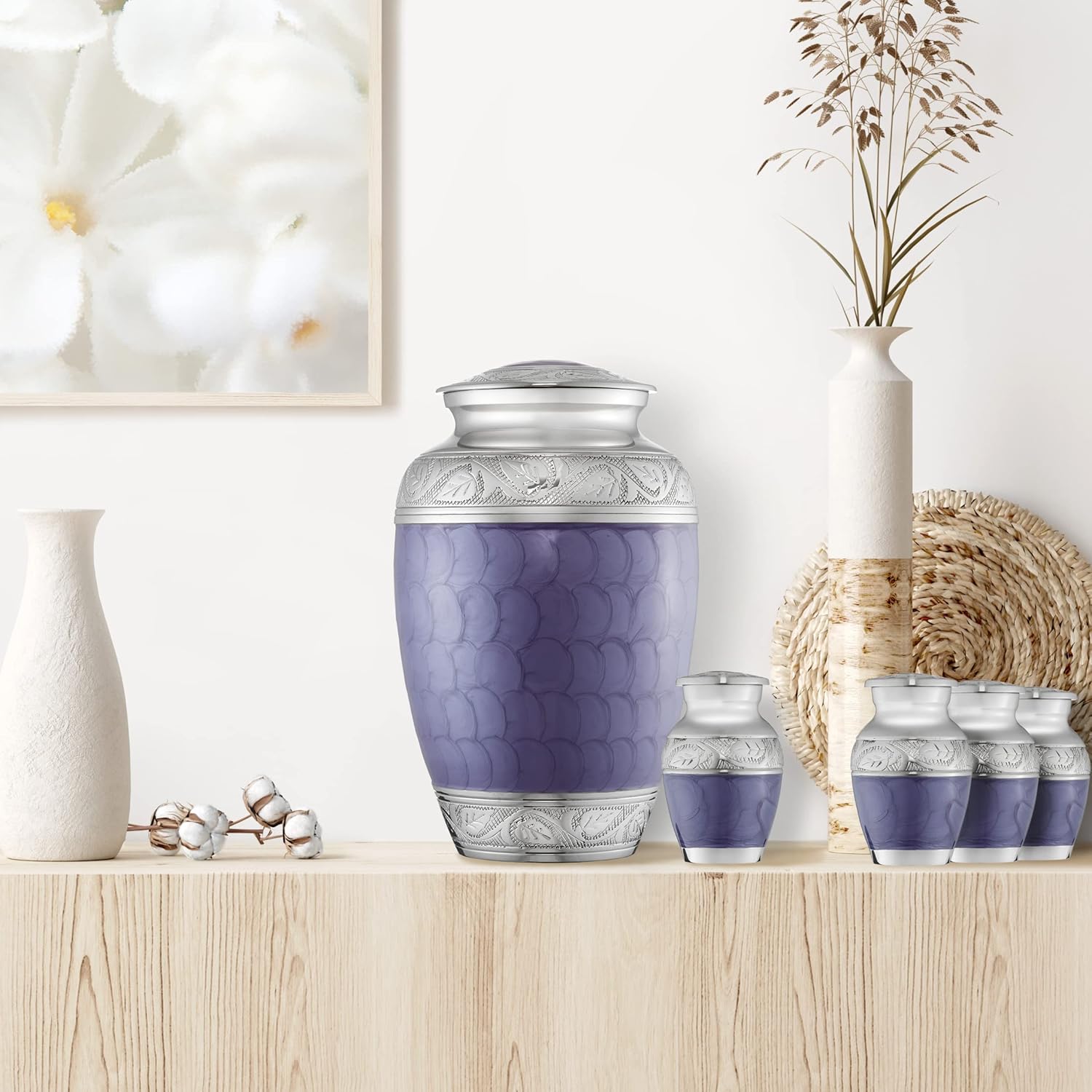 Reminded Set of 5 Etched Cremation Urns Lavender