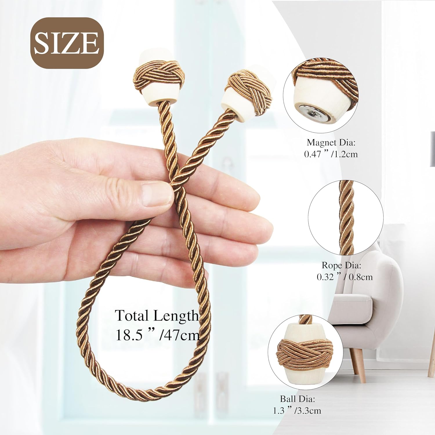 Hangtty Magnetic Rope Tiebacks 4Pack Khaki