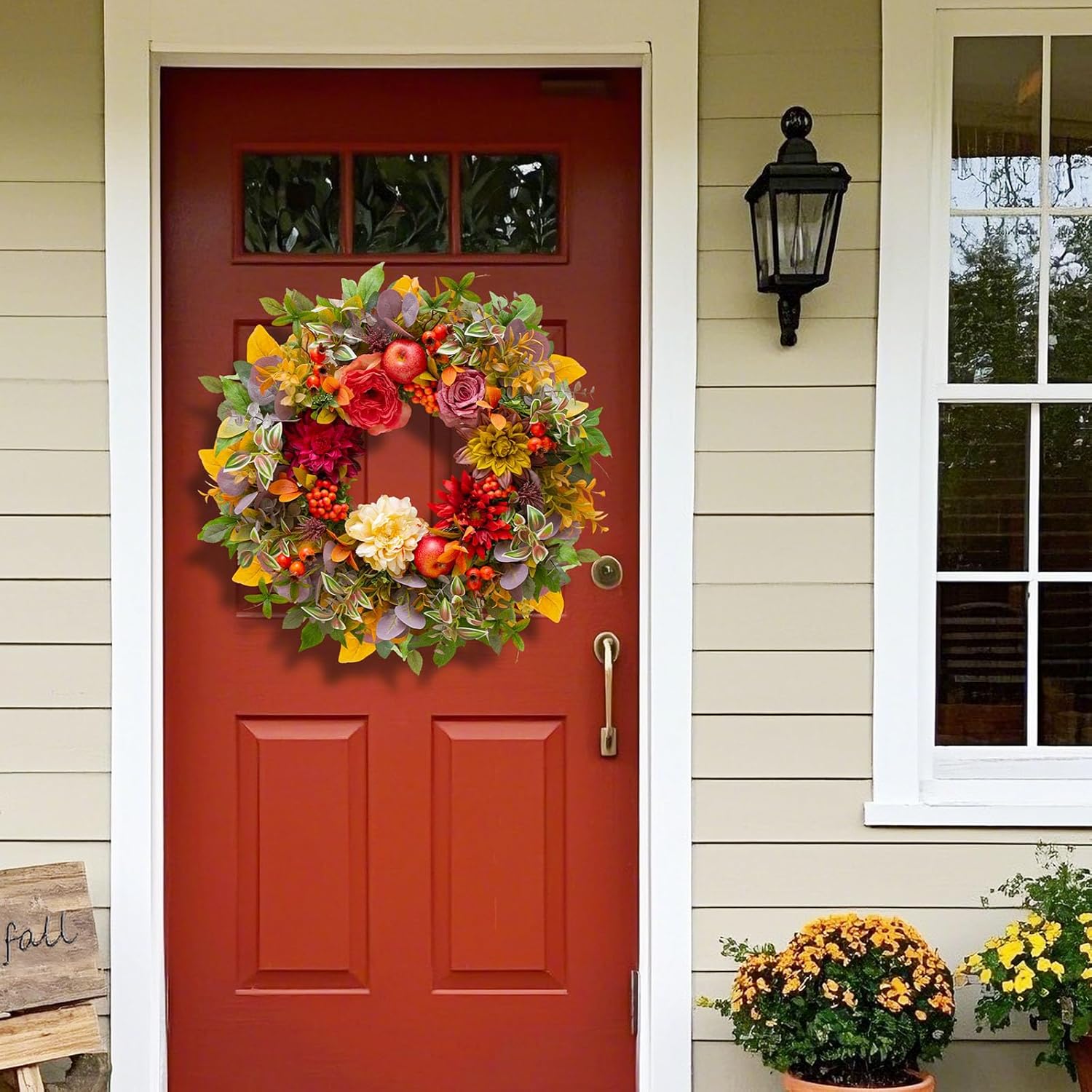 Fall Wreath with Flowers Apples Berries Leaves for Front Door