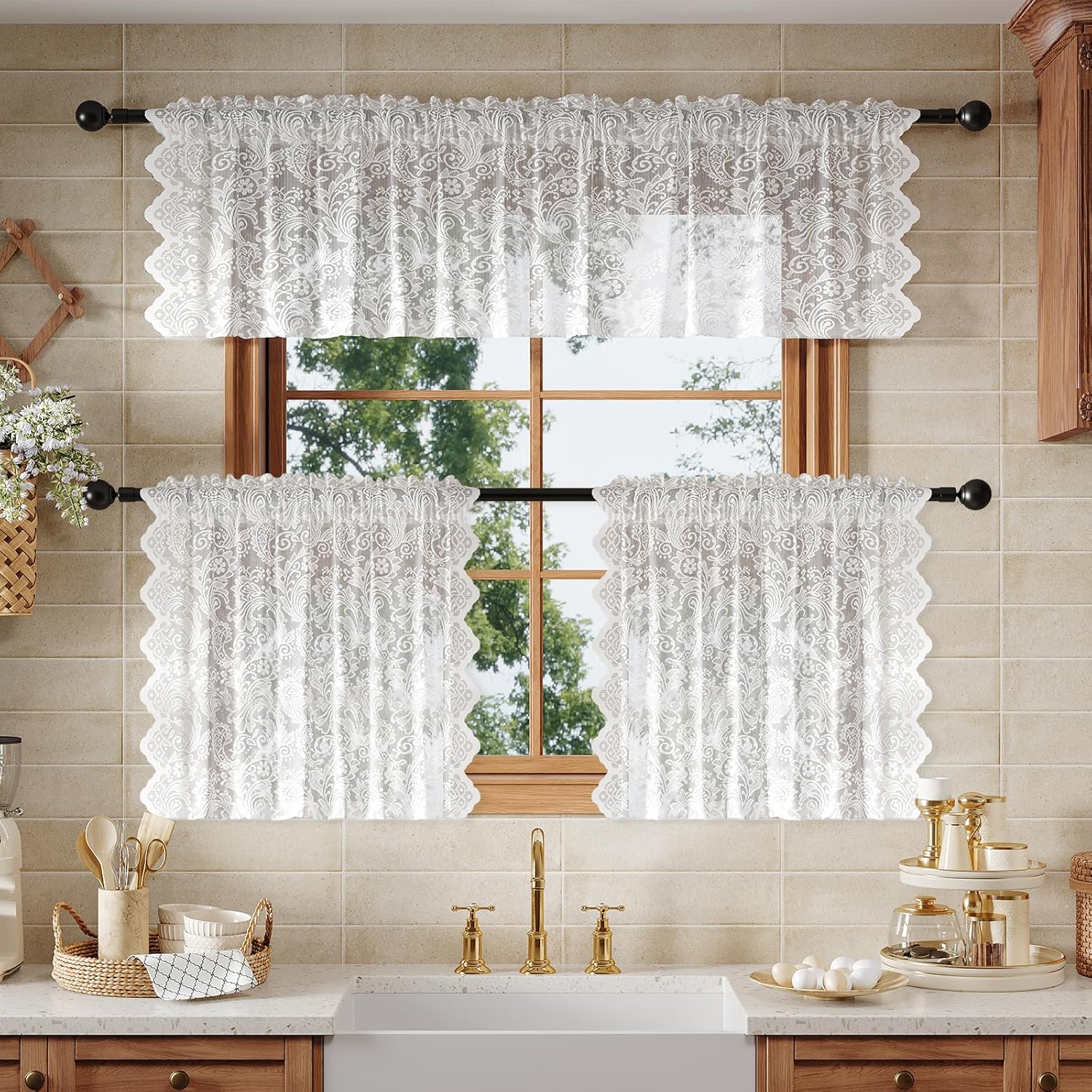 White Lace Semi-Sheer Kitchen Valance Curtains - 1 Panel 52W x 18L Inch