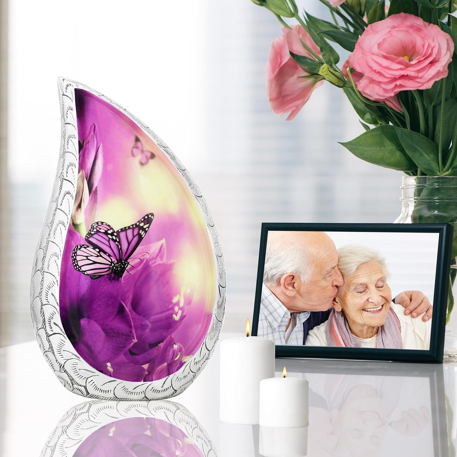 M Meilin Xu Teardrop Cremation Urn Purple Flower Butterfly Large