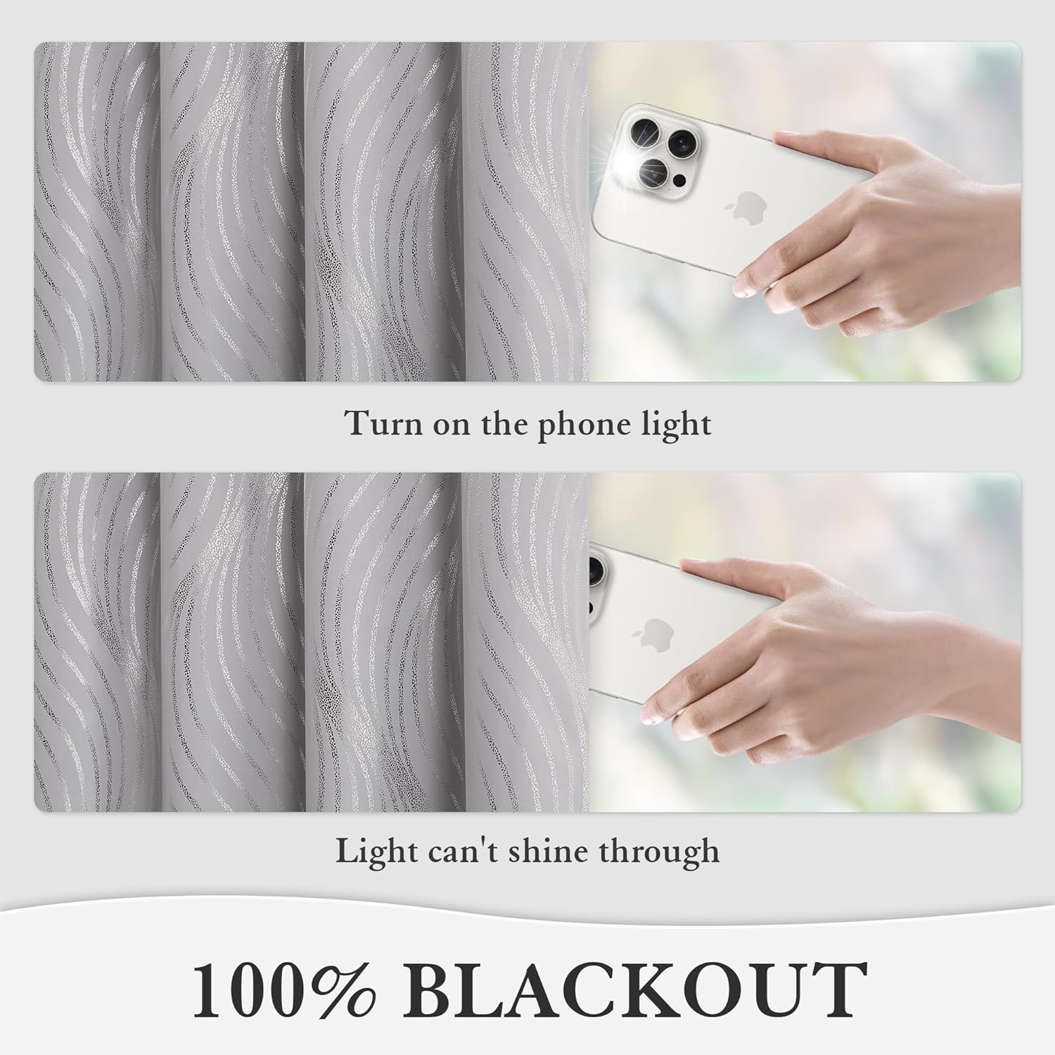 100 Blackout Curtains with Metallic Silver Wave Print