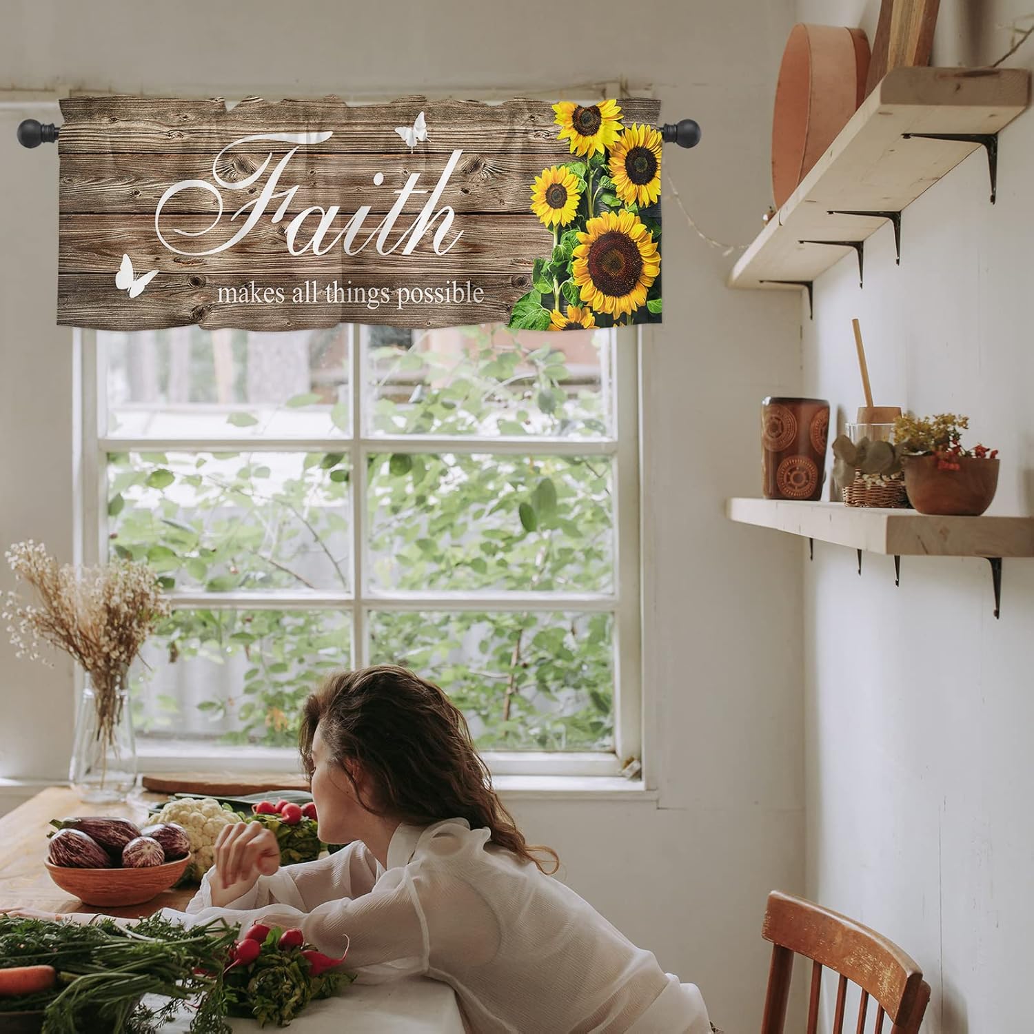 Sunflower Valance Curtain with Inspirational Quote