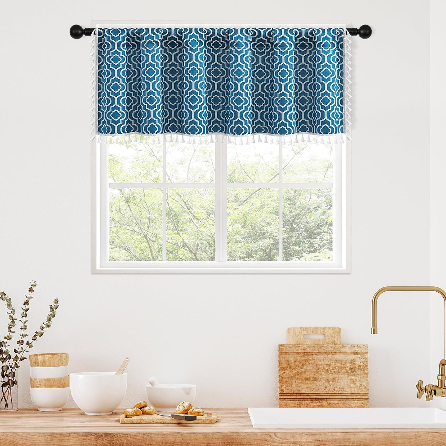 MitoVilla Boho Kitchen Valance with Tassel Blue