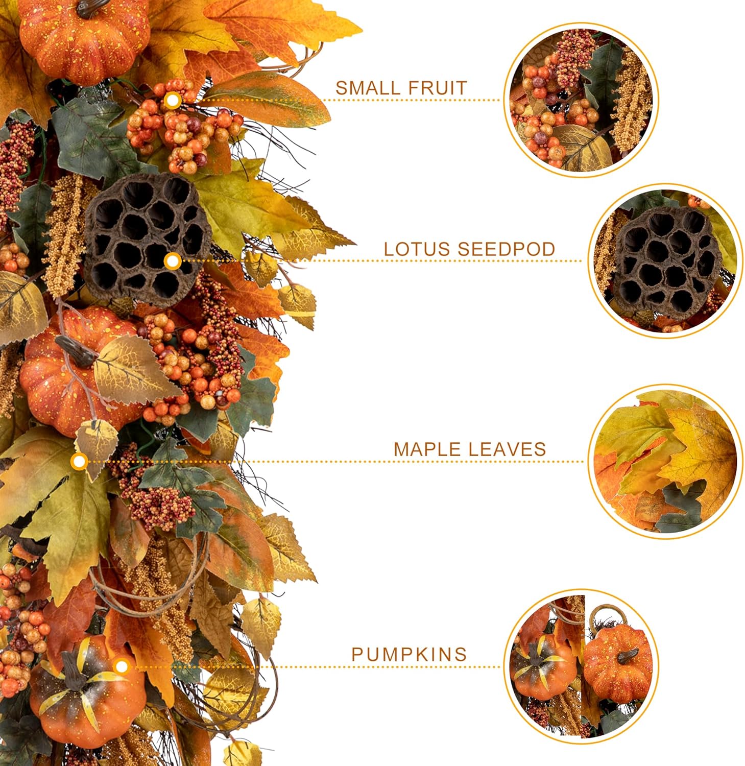 Glitzhome 2Pcs Fall Pumpkin Leaf Swag with Grapevine Base