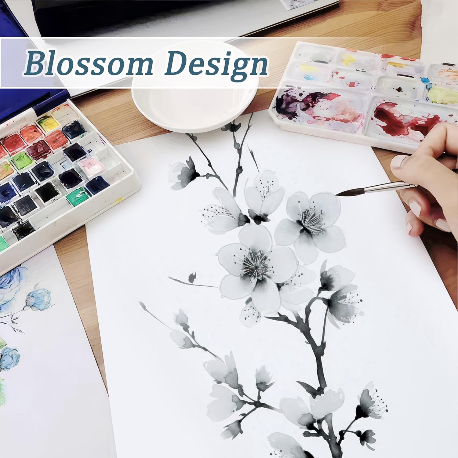 Flax Linen Sheer Curtains with Blossom Print 2 Panels