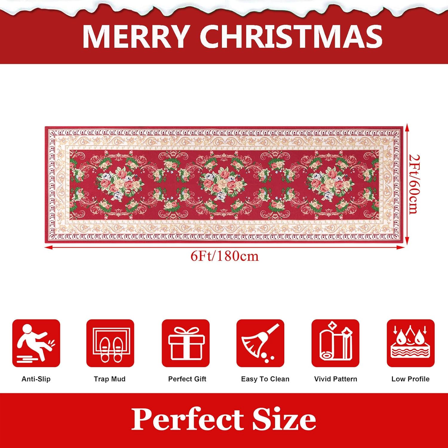 Red Floral Long Runner Rug for Hallway and Entryway