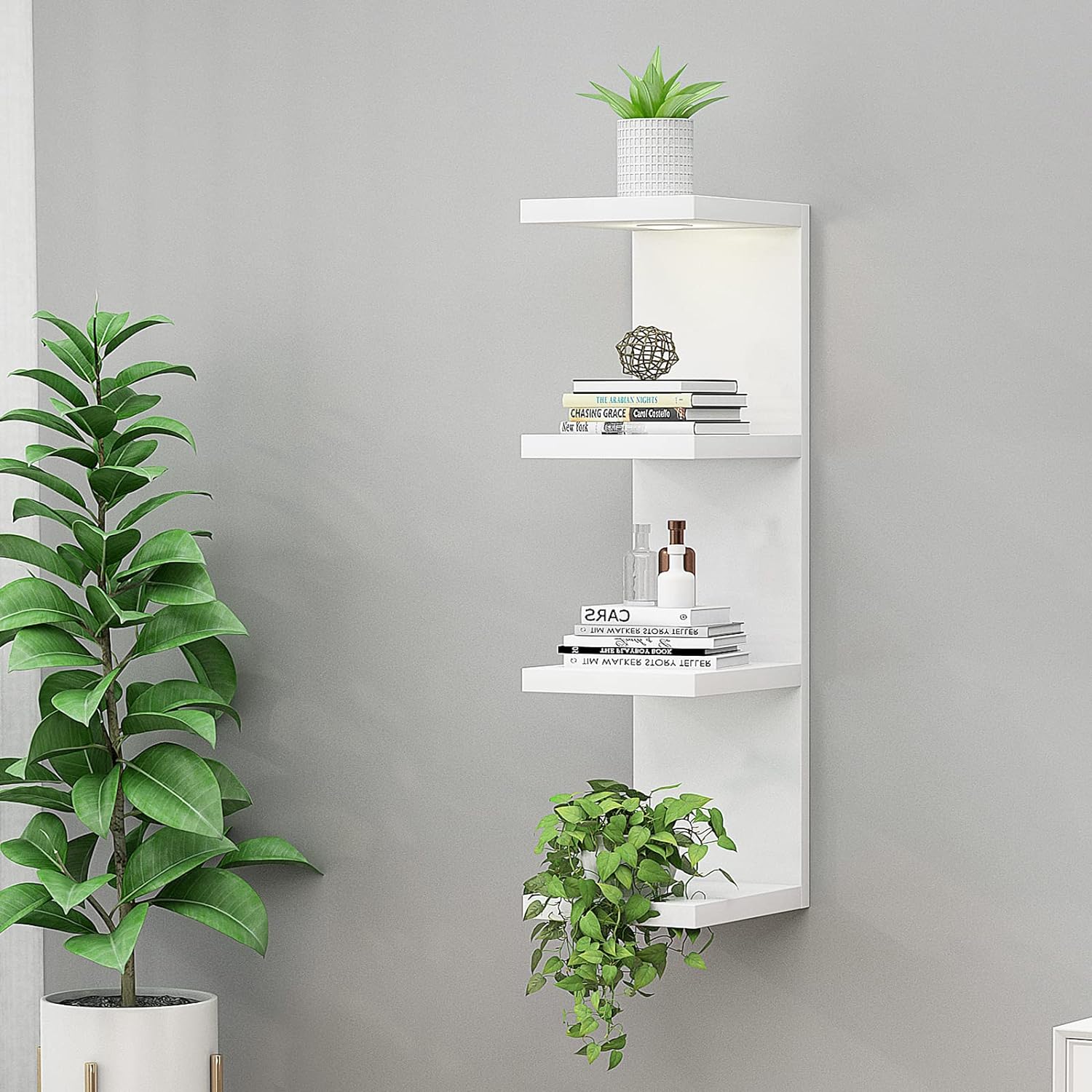 White Floating 4 Tier Wall Shelf with LED Light