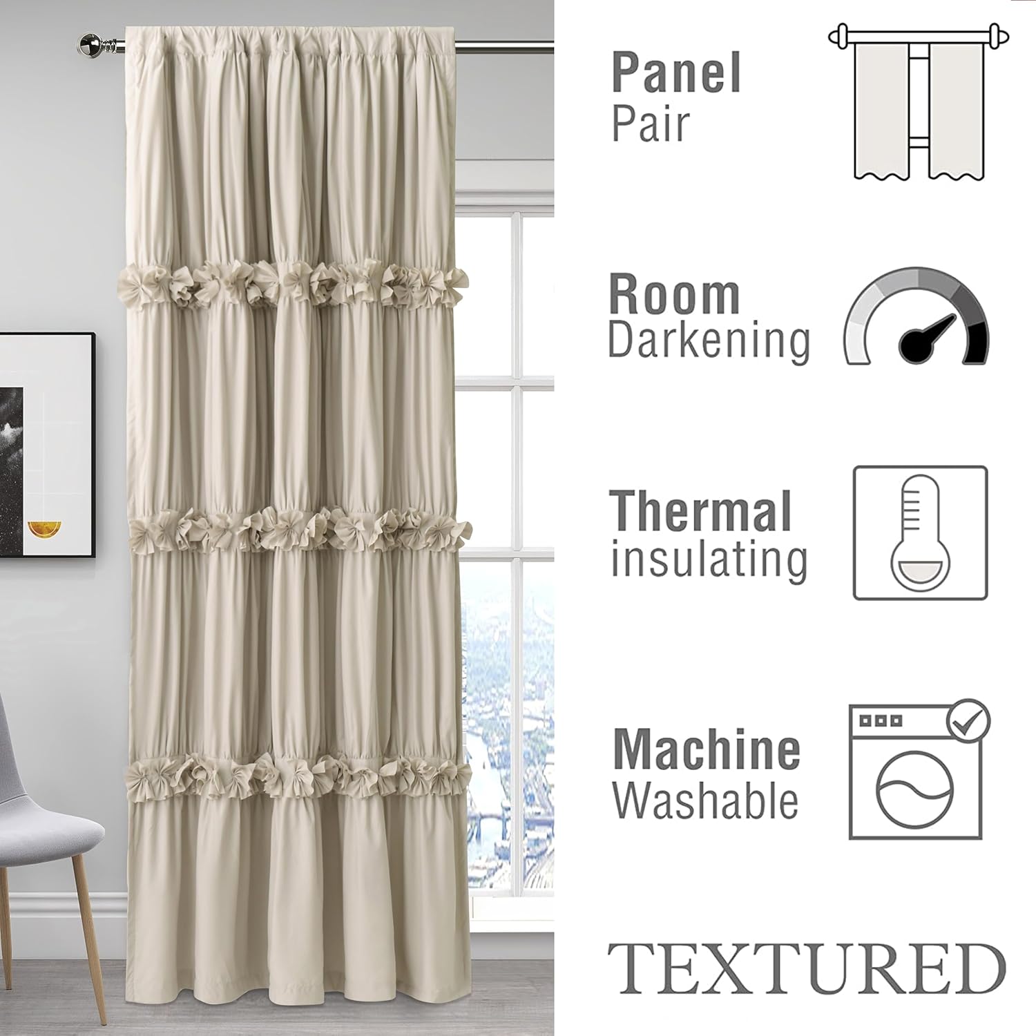 Thermal Insulated Blackout Curtains with Butterfly Flowers 52x96x2 Panels Boho Ruched Drapes