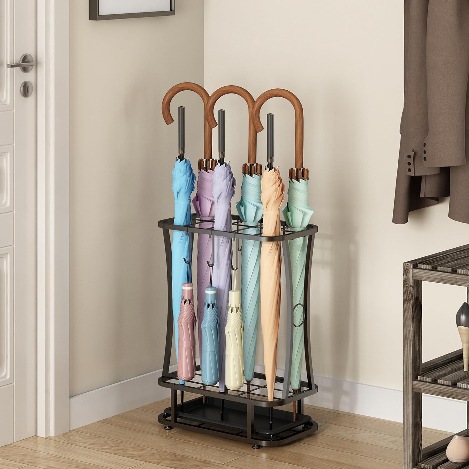 Wisdom Star Industrial Metal Umbrella Stand with Drip Tray and 6 Hooks