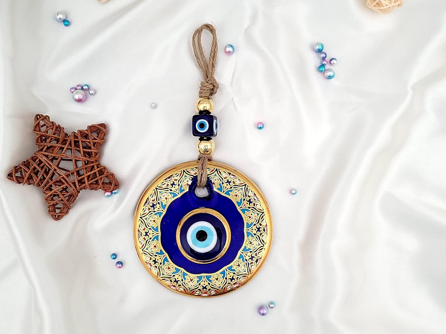 Candymosa 43 Glass Blue Evil Eye Wall Hanging Gold Ornament