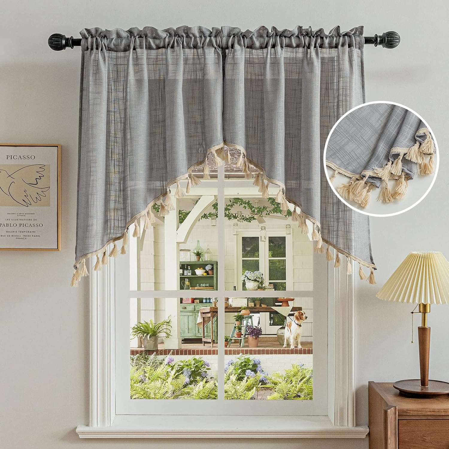 Beda Home Tassel Linen Swag Curtain Valance for Farmhouse Kitchen 1