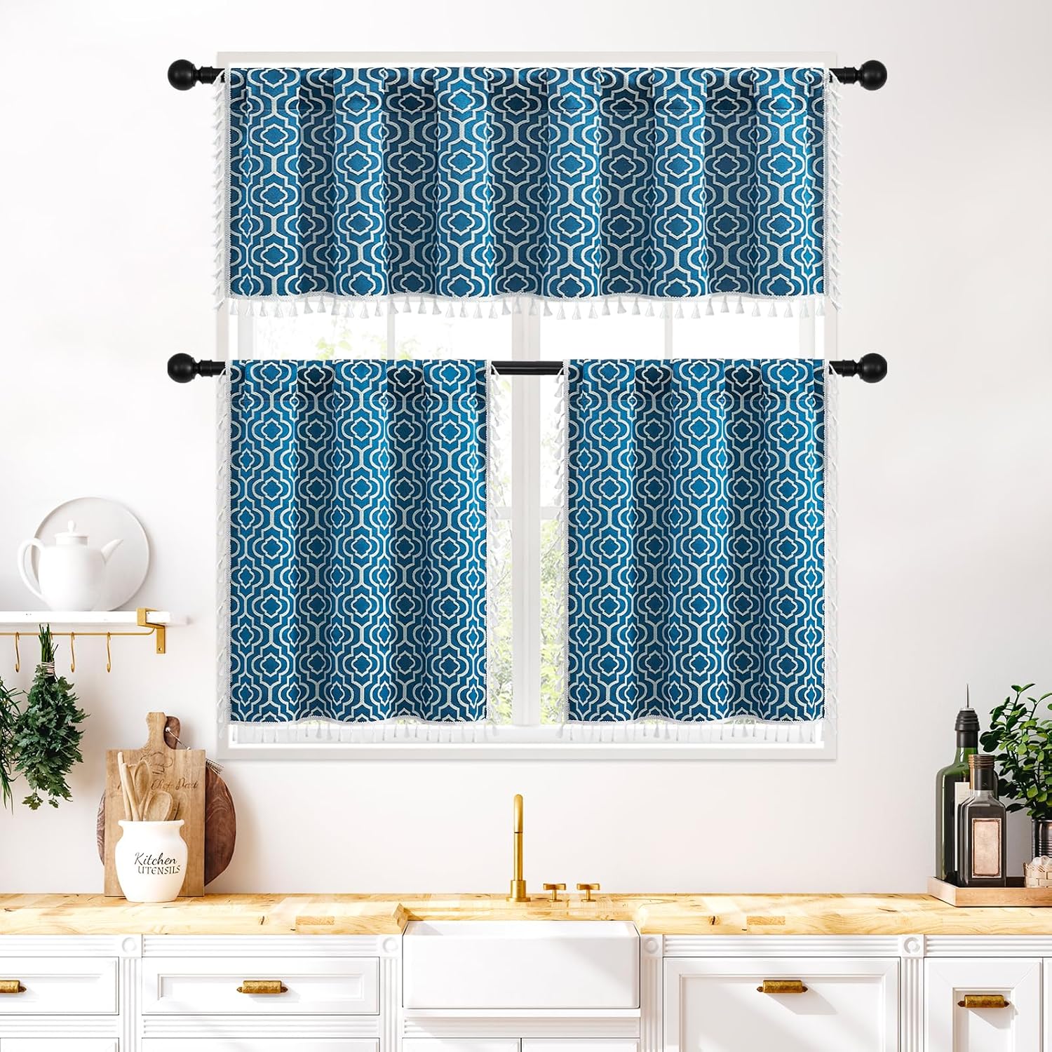 MitoVilla Boho Kitchen Valance with Tassel Blue
