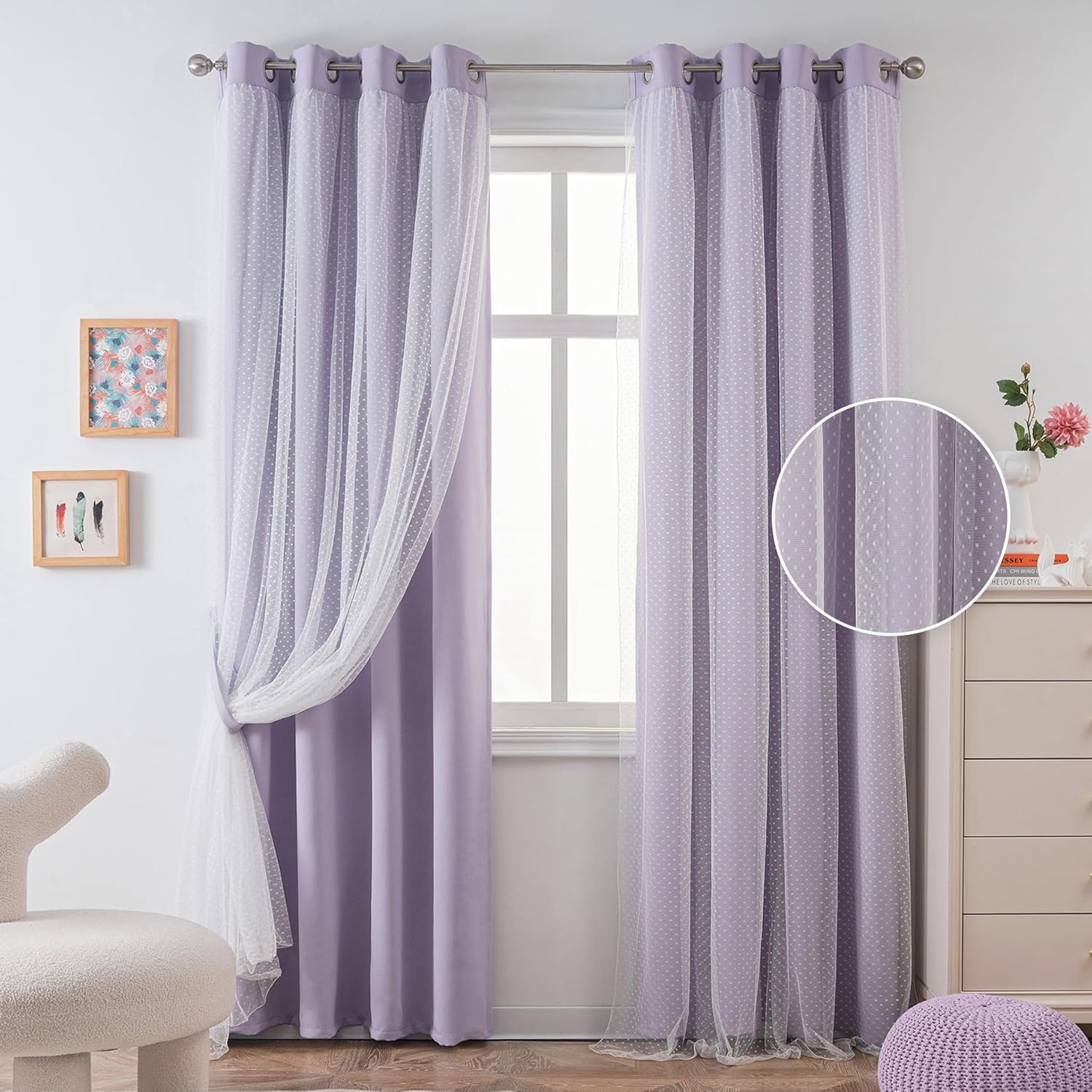 MYSKY HOME Lilac Double Layer Sheer Curtains 84 Inch 2 Panels Set