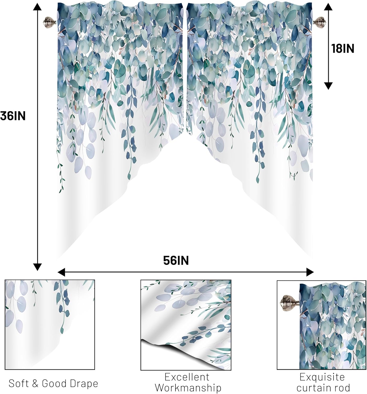 Green Eucalyptus Valance Curtain for Windows 28x36 Inch 2 Pack Set