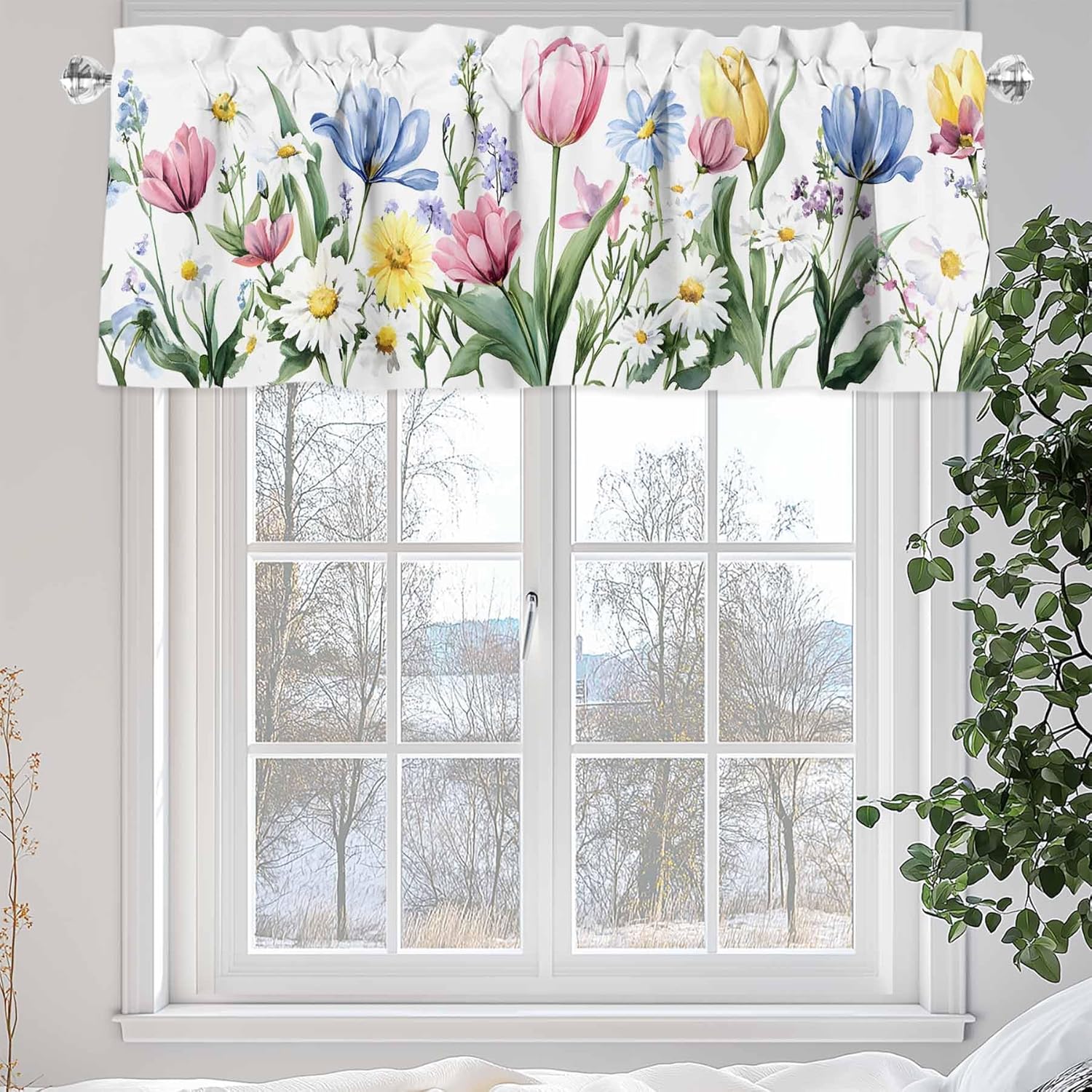 Tersuger Spring Daisy Tulip Kitchen Valance Curtain