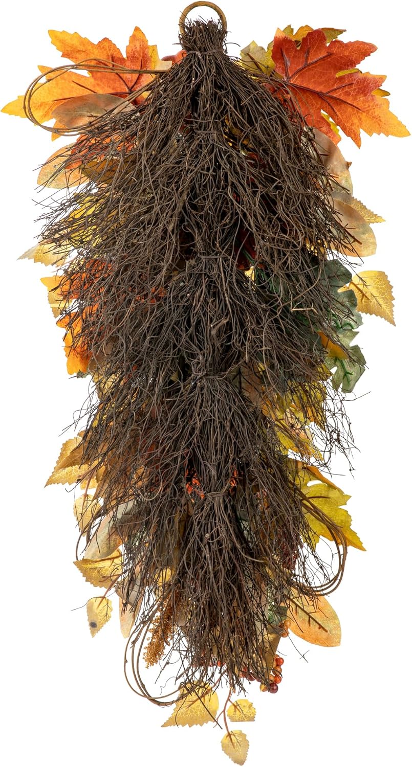Glitzhome 2Pcs Fall Pumpkin Leaf Swag with Grapevine Base