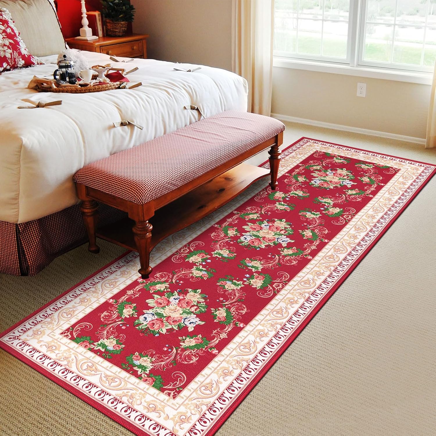 Red Floral Long Runner Rug for Hallway and Entryway
