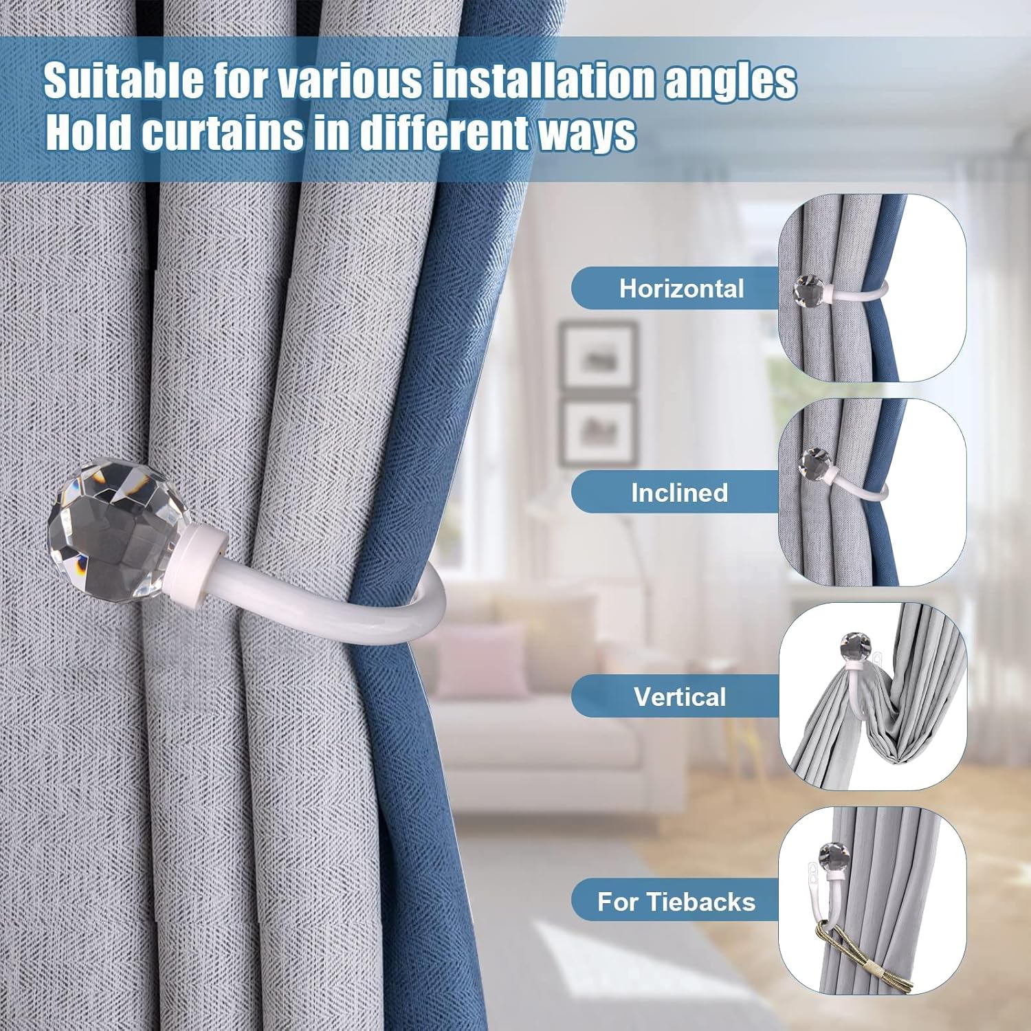 2 Pack Curtain Holdbacks with Clear Crystal Ball and Metal Hooks