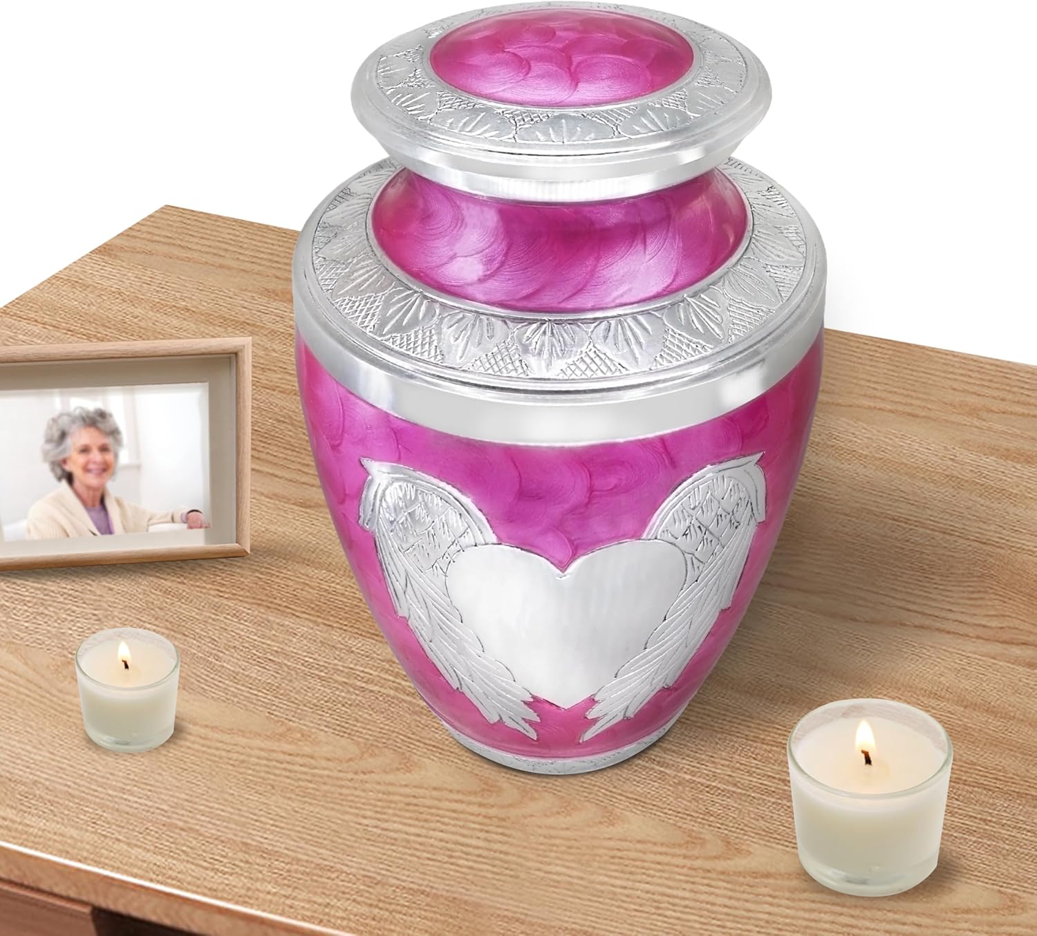 Pink Decorative Urn with Silver Angel Wings and Heart
