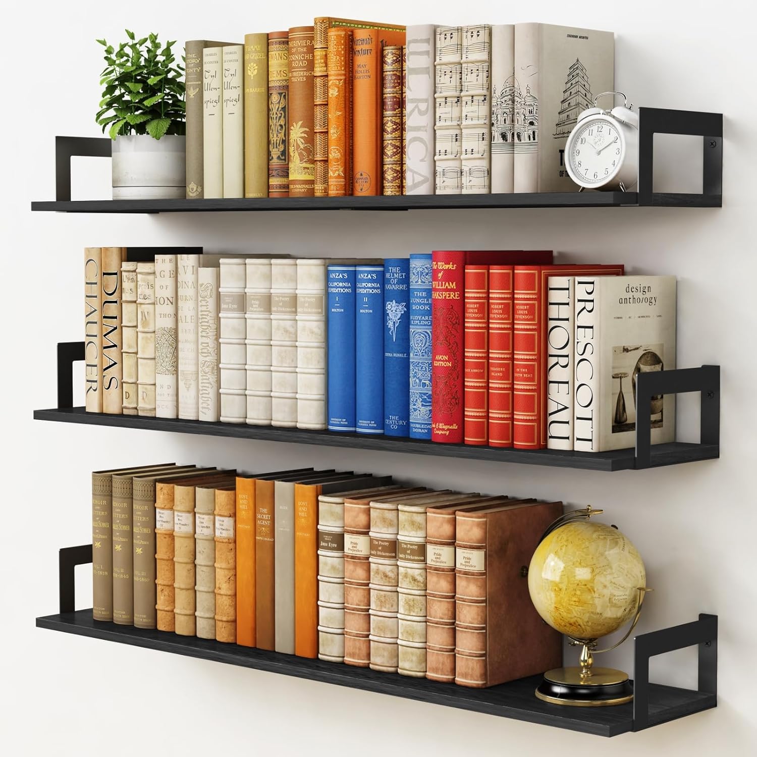 Harwaya Large Floating Book Shelves Set of 3 - Black