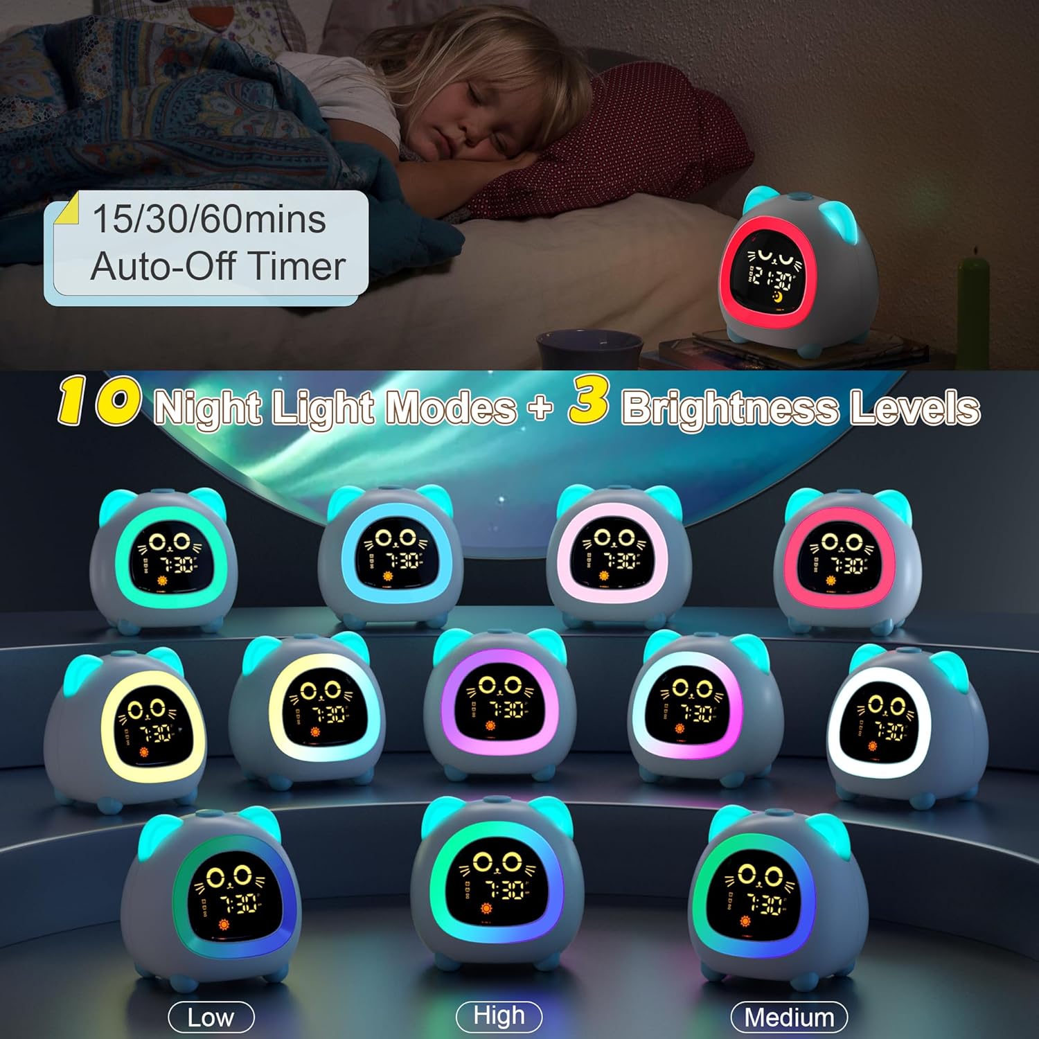 Aurora Blue Cat Ear Alarm Clock for Kids