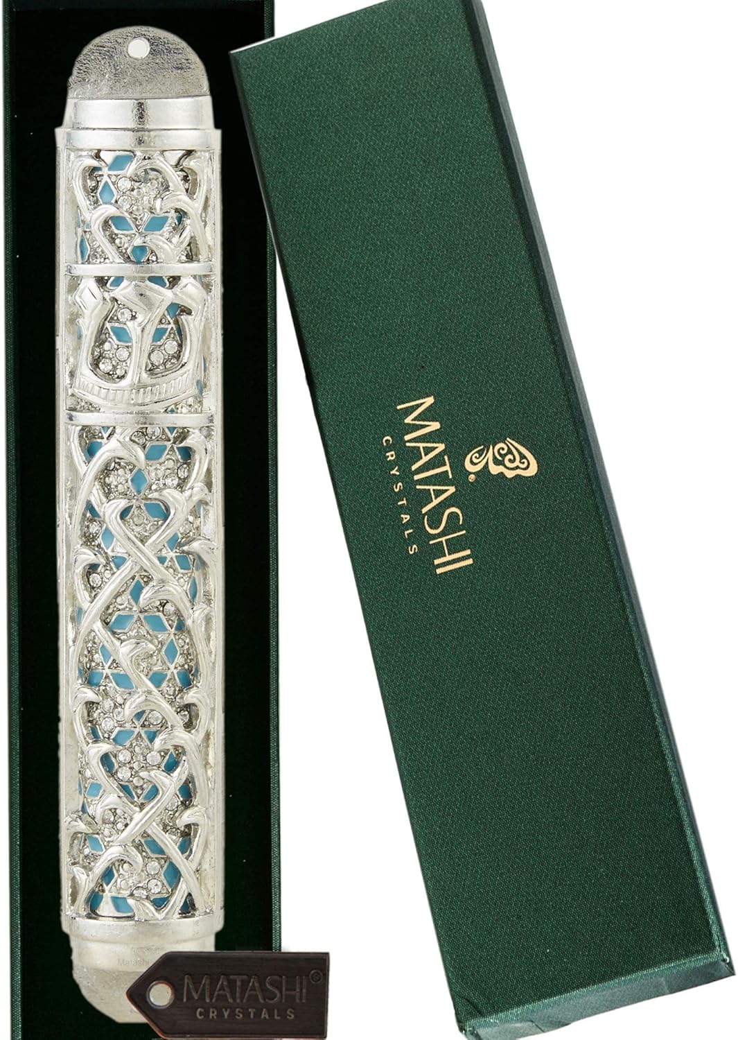 Matashi Hand Painted Enamel Mezuzah with Hebrew Shin and Crystals
