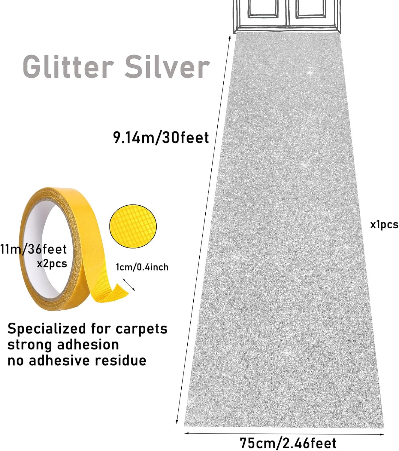 Glitter Silver Carpet Runner 246 x 30 Feet for Weddings and Parties