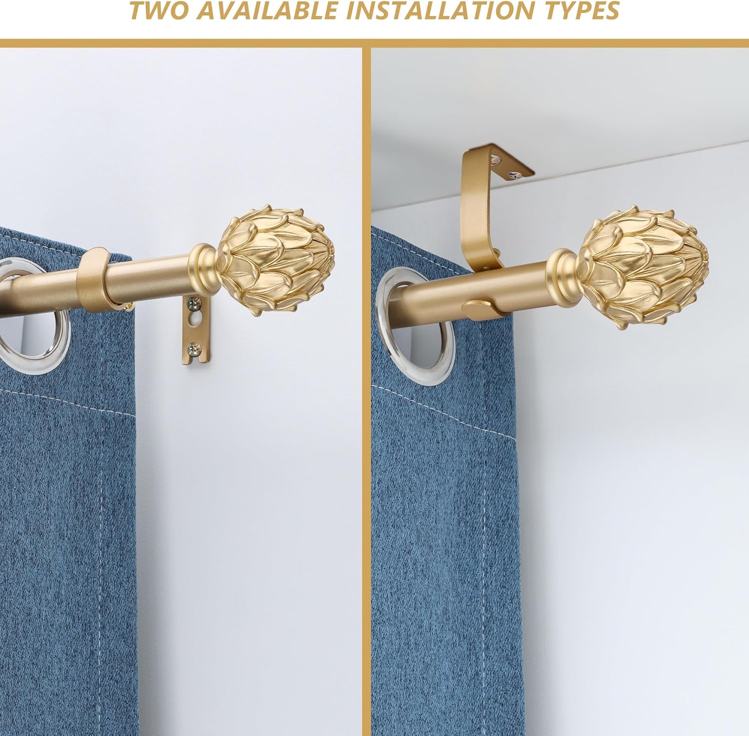 Adjustable Curtain Rods 48-84 Inches 1 Inch Diameter Gold Finials