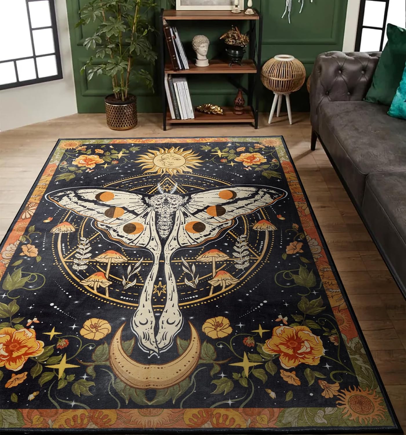 Ouyattle Luna Moth Area Rug 5x7 Black Floral Design