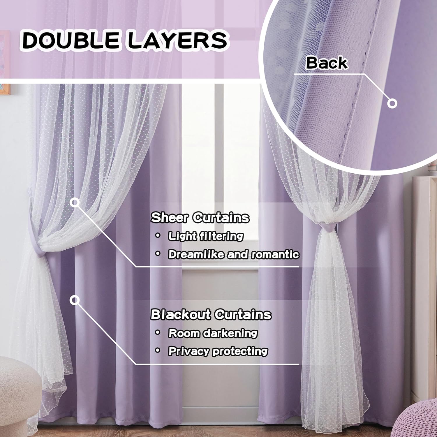 MYSKY HOME Lilac Double Layer Sheer Curtains 84 Inch 2 Panels Set