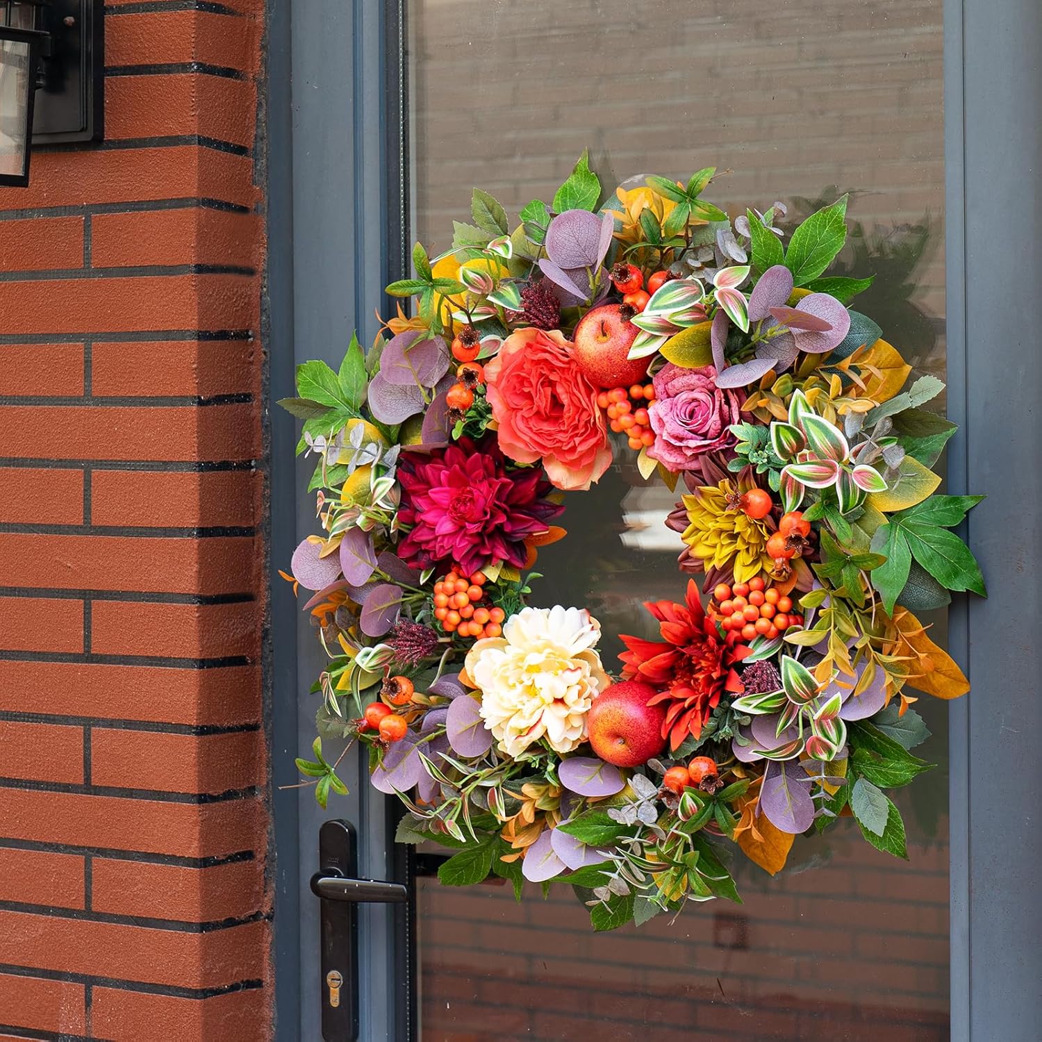 Fall Wreath with Flowers Apples Berries Leaves for Front Door