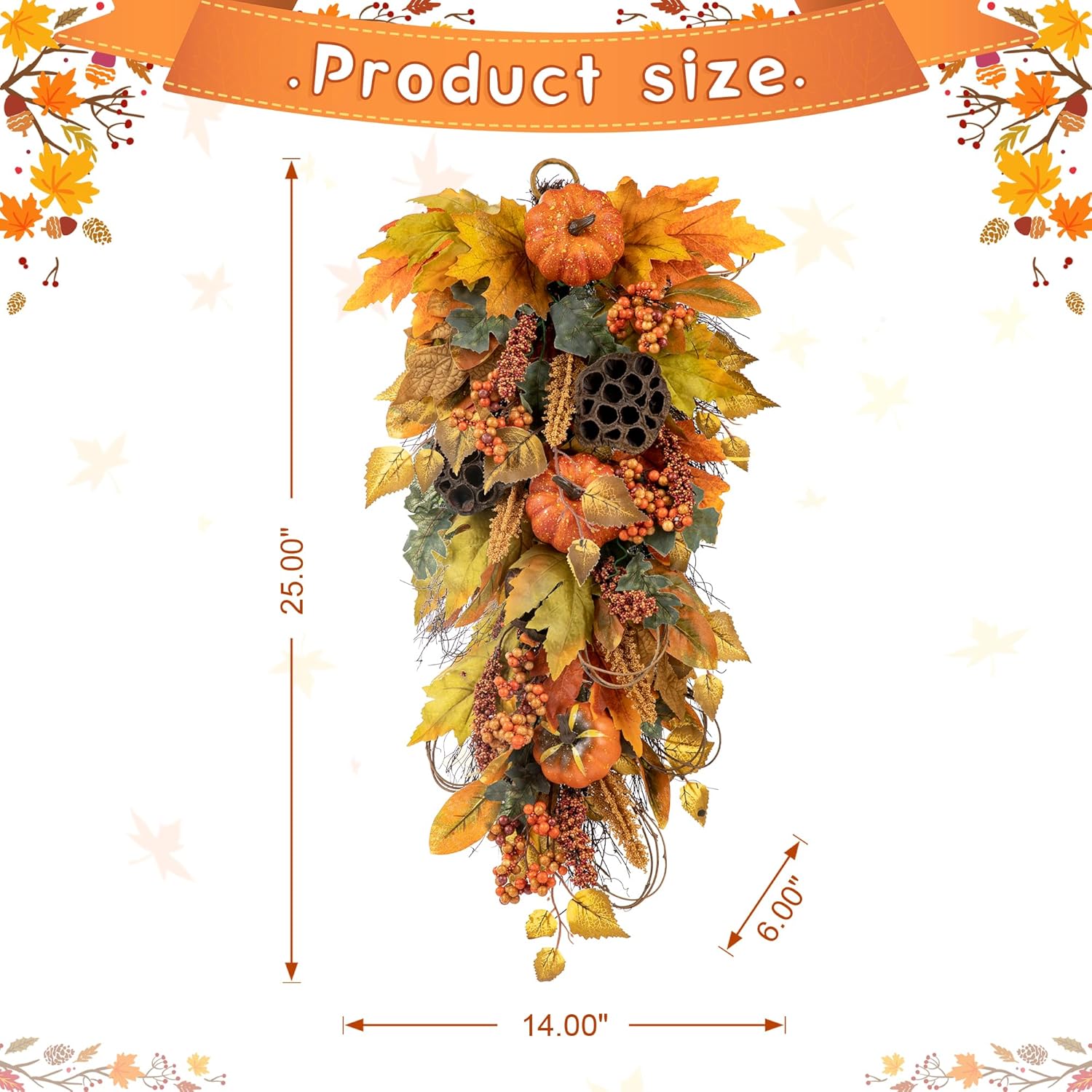 Glitzhome 2Pcs Fall Pumpkin Leaf Swag with Grapevine Base