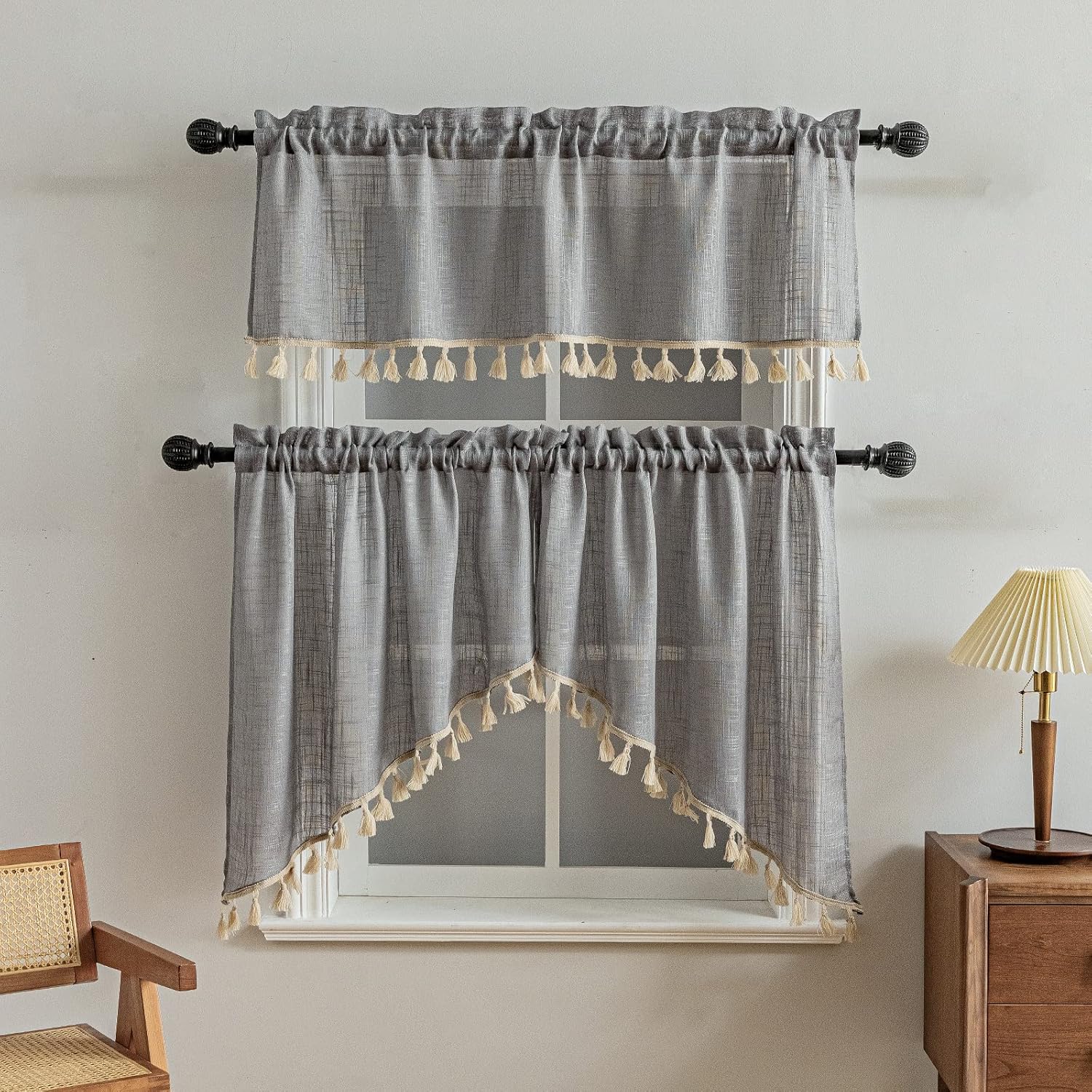 Beda Home Tassel Linen Swag Curtain Valance for Farmhouse Kitchen 1
