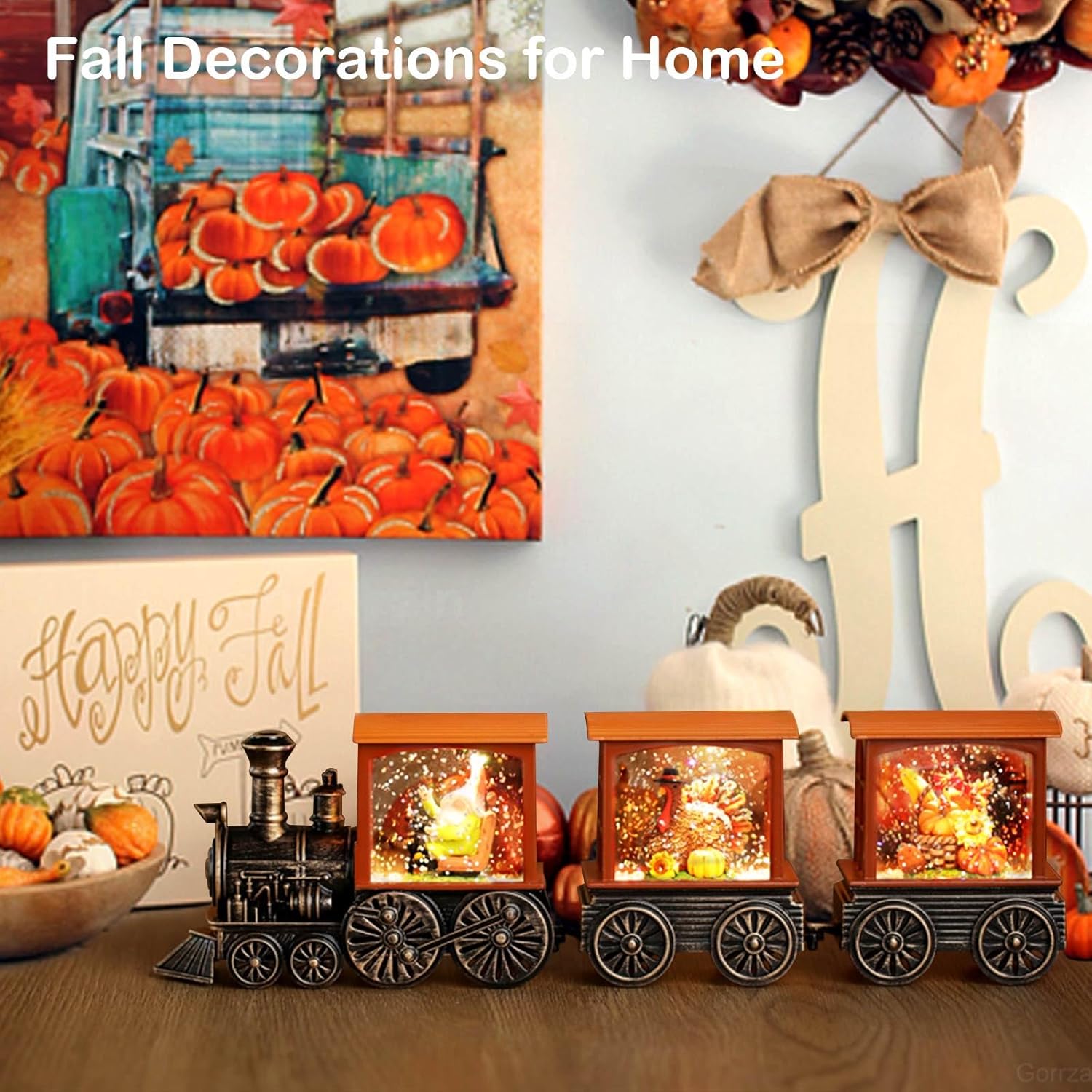 Gorrzai Fall Snow Globe Lantern with Gnome Train Decor