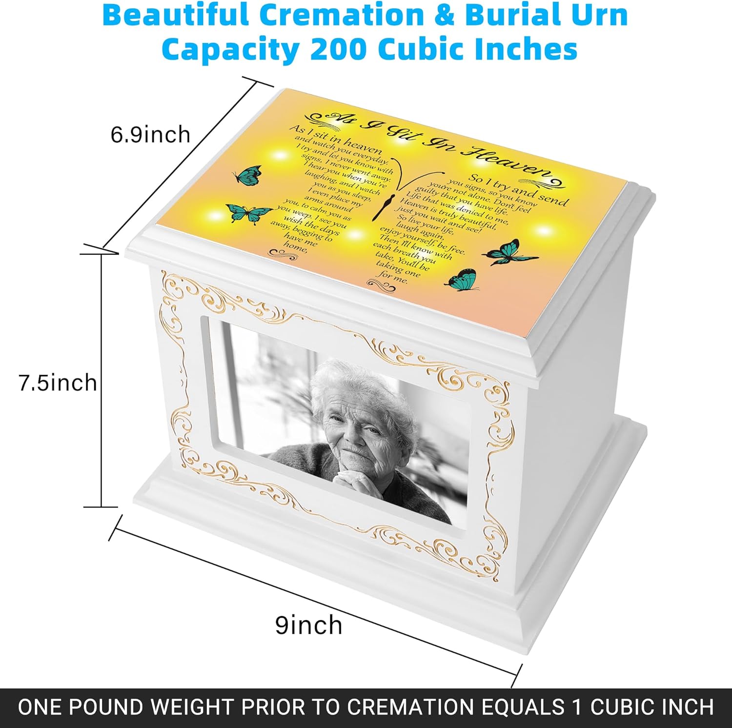Wooden Cremation Urn with Photo Frame 200 Cubic Inches Capacity