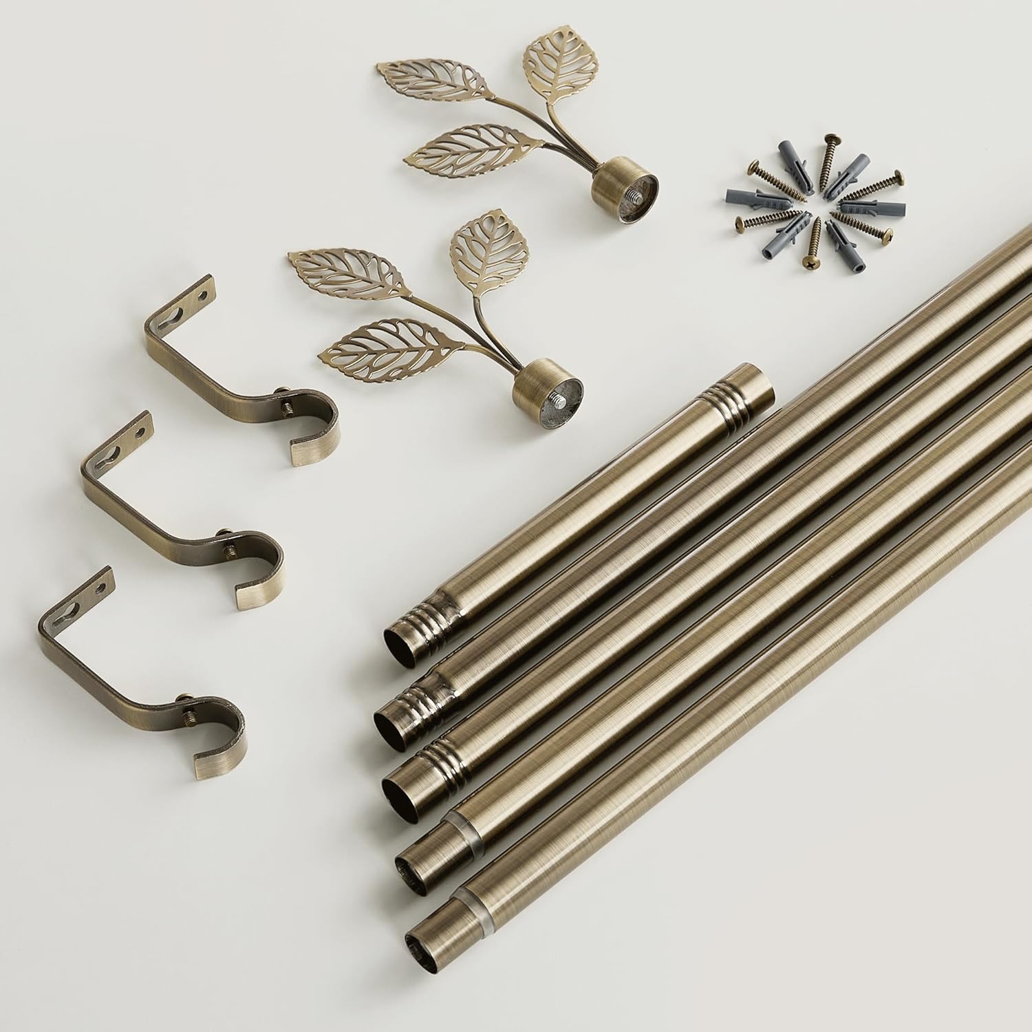 RYB HOME 1 Inch Adjustable Brass Curtain Rod with Leaf Finials