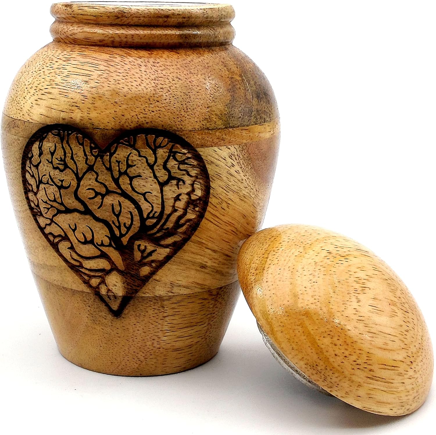 Wooden Cremation Urn with Tree of Life Heart Engraving