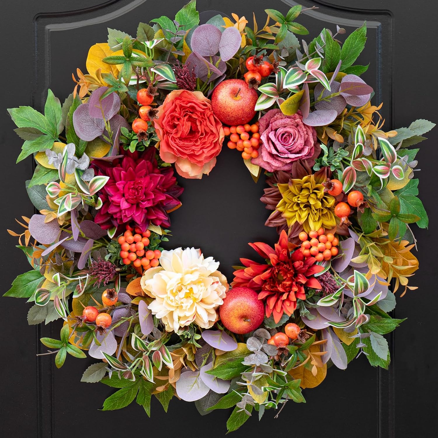 Fall Wreath with Flowers Apples Berries Leaves for Front Door