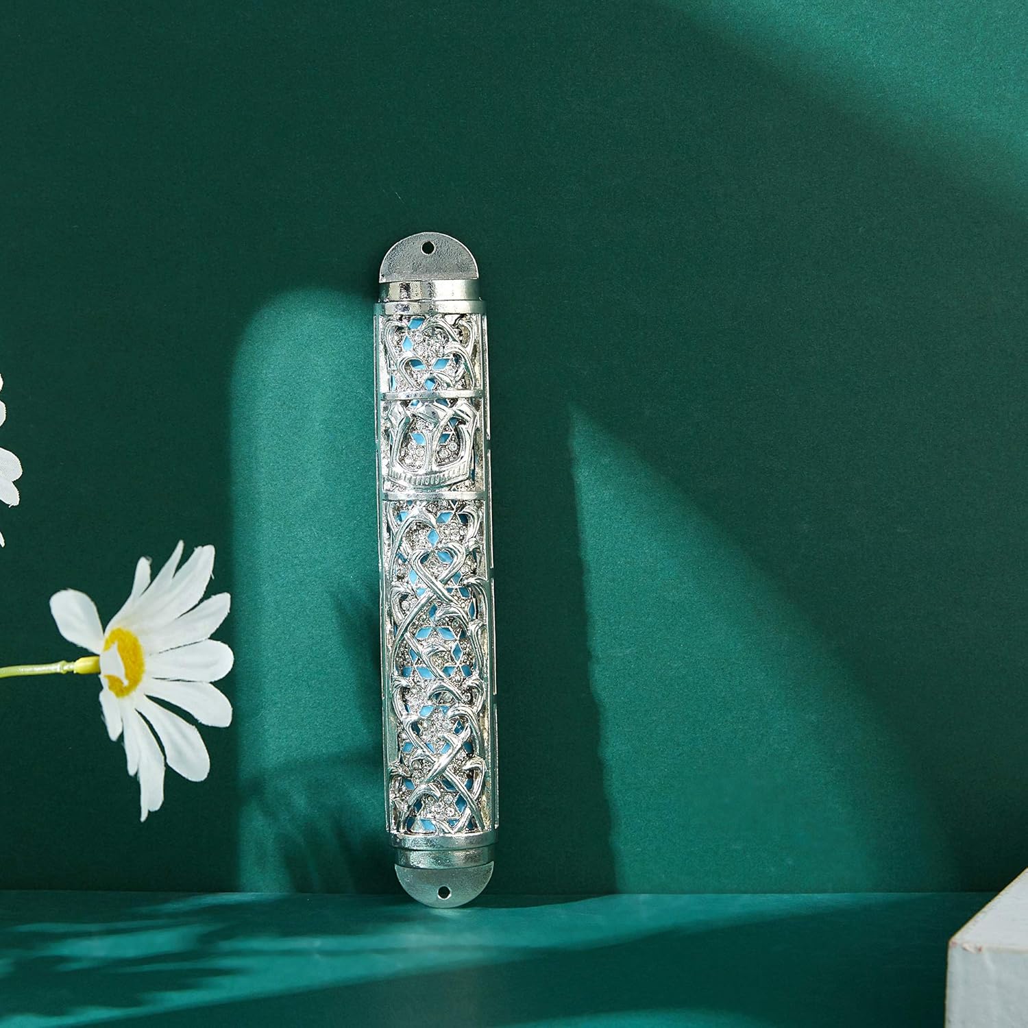 Matashi Hand Painted Enamel Mezuzah with Hebrew Shin and Crystals