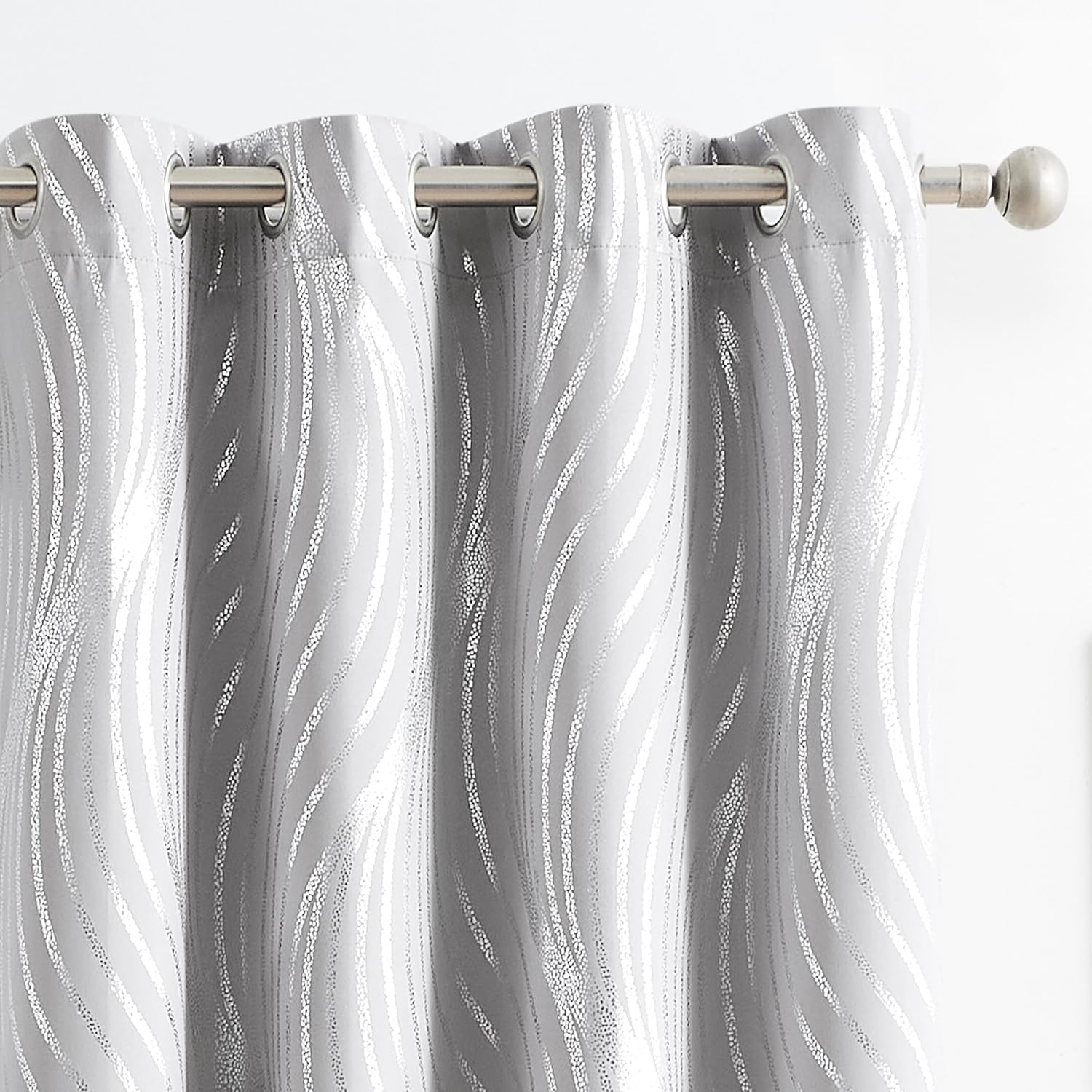 100 Blackout Curtains with Metallic Silver Wave Print