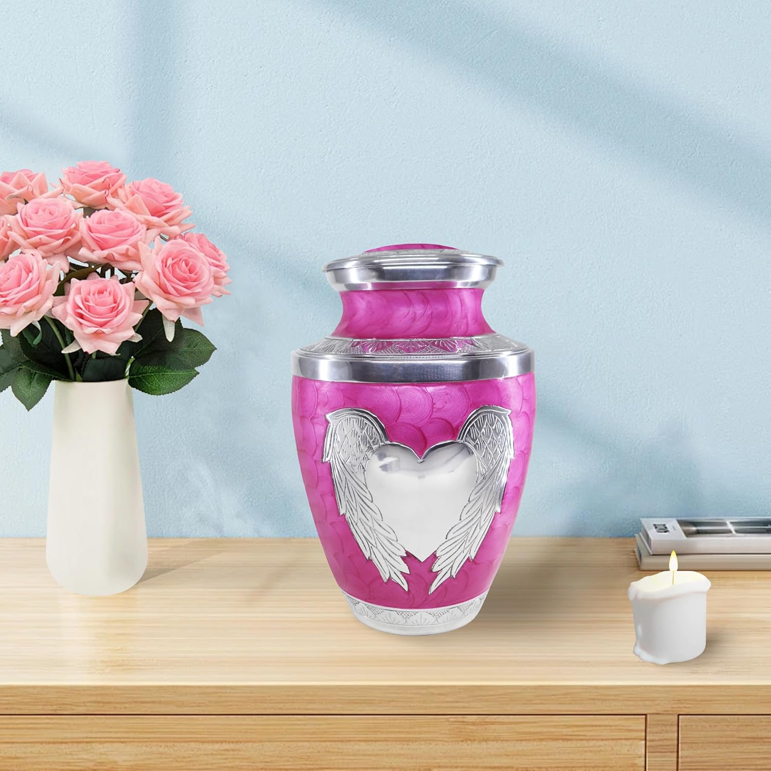 Pink Decorative Urn with Silver Angel Wings and Heart