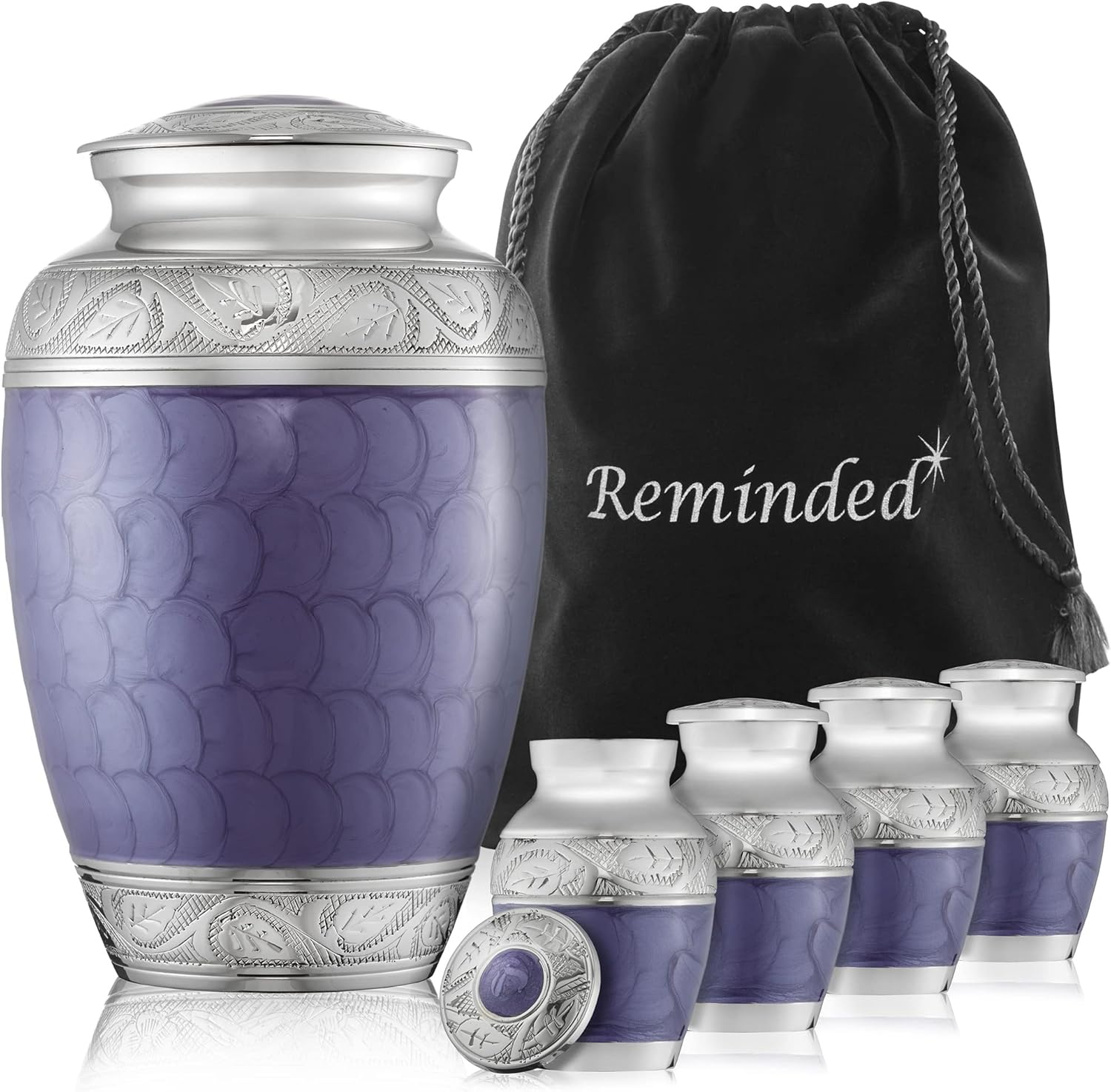 Reminded Set of 5 Etched Cremation Urns Lavender