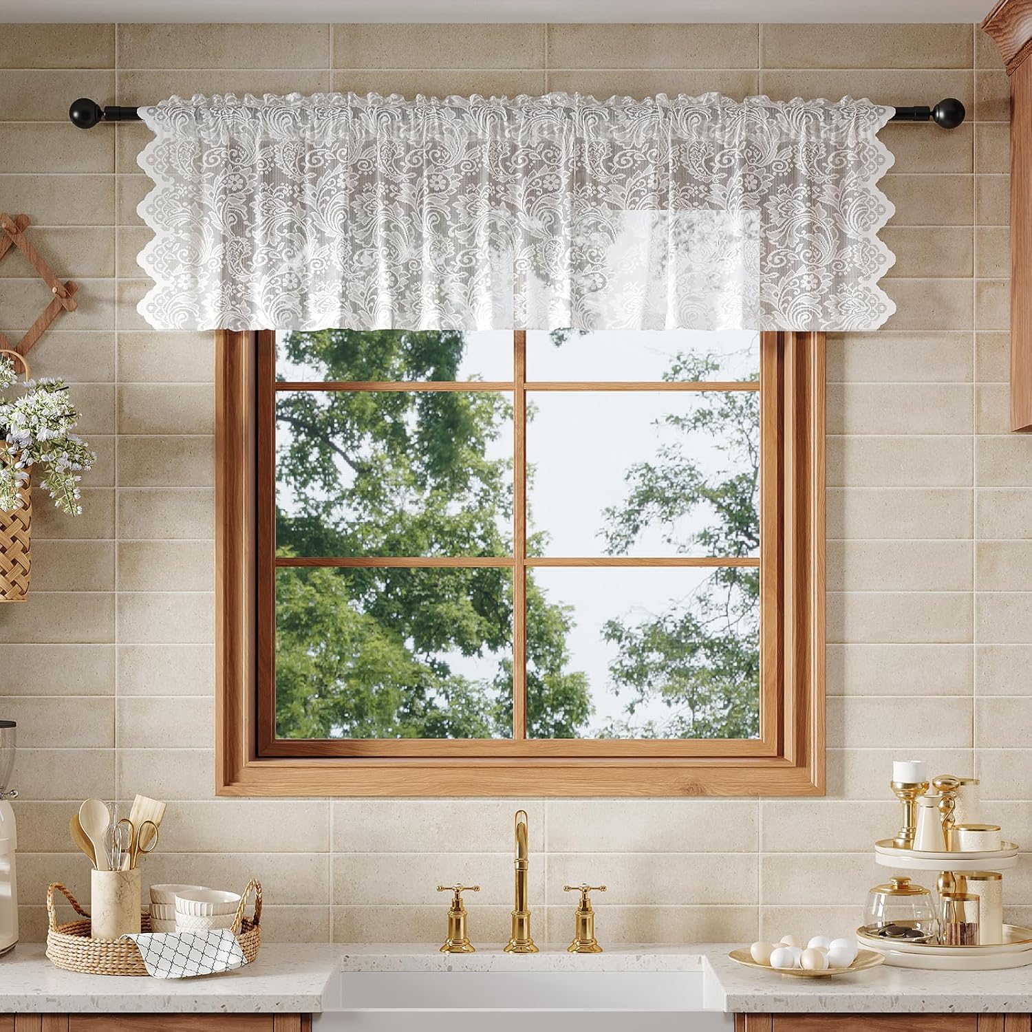 White Lace Semi-Sheer Kitchen Valance Curtains - 1 Panel 52W x 18L Inch