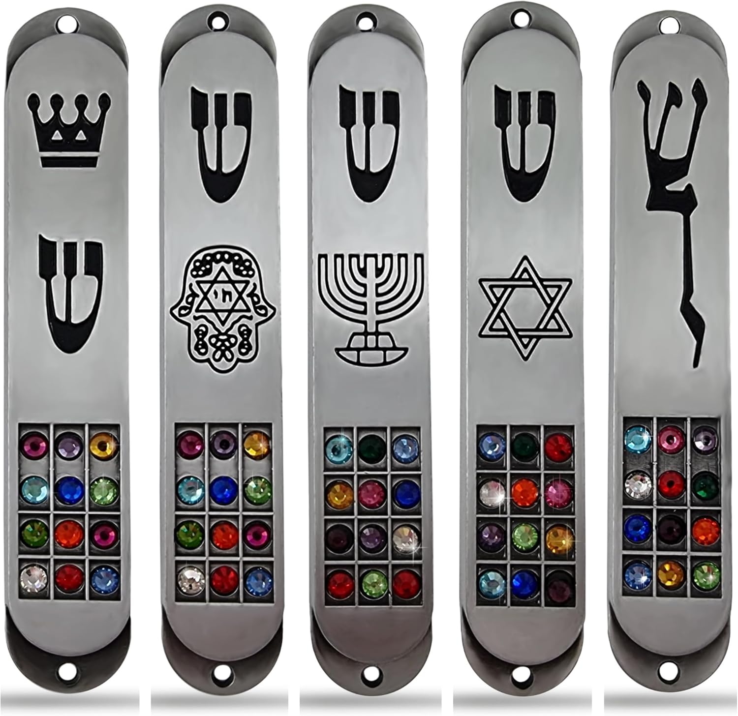 Set of 5 Pewter Mezuzah Cases with Star of David and Hoshen Stones